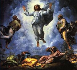 The upper part of The Transfiguration (1520) by Raphael, depicting Christ miraculously discoursing with Moses and Elijah