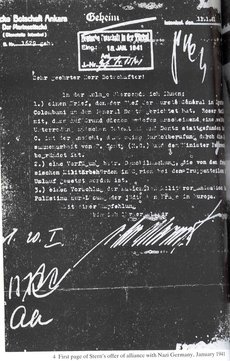 German covering letter attached to Stern's January 1941 offer to  "actively take part in the war on Germany's side" in return for German support for "the establishment of the historic Jewish state on a national and totalitarian basis".