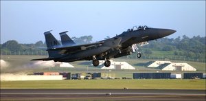 A Lakenheath USAF F-15E lifts off from the airfield's runway