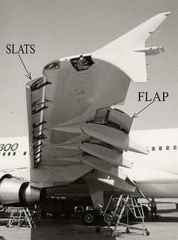The position of the leading edge slats on an airliner (Airbus A310). In this picture, the slats are extended.