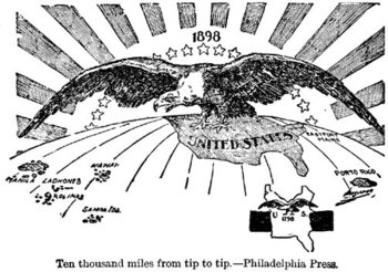 Post Spanish-American War U.S.  from 1898: "Ten Thousand Miles From Tip to Tip" meaning the extention of U.S. domination (symbolized by a ) from Puerto Rico to the Philippines. The cartoon contrasts this with a map of the smaller United States 100 years earlier in 1798.