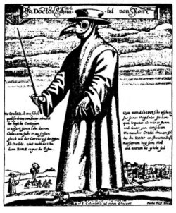 "Doktor Schnabel von Rom" (English: "Doctor Beak from Rome") engraving by Paul Frst (after J Columbina). The beak is a primitive , stuffed with substances thought to ward off the plague.
